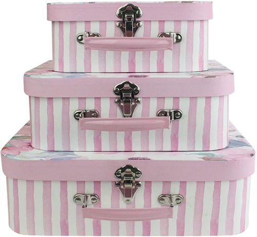 Emartbuy Set of 3 Rigid Luxury Presentation Suitcase Storage Gift Box, Pink Floral Print with Pink Lid, Pink Interior with Metal Handle and Clasp