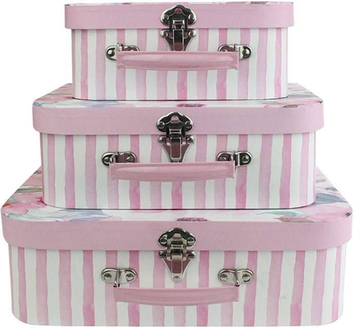Emartbuy Set of 3 Rigid Luxury Presentation Suitcase Storage Gift Box, Pink Floral Print with Pink Lid, Pink Interior with Metal Handle and Clasp