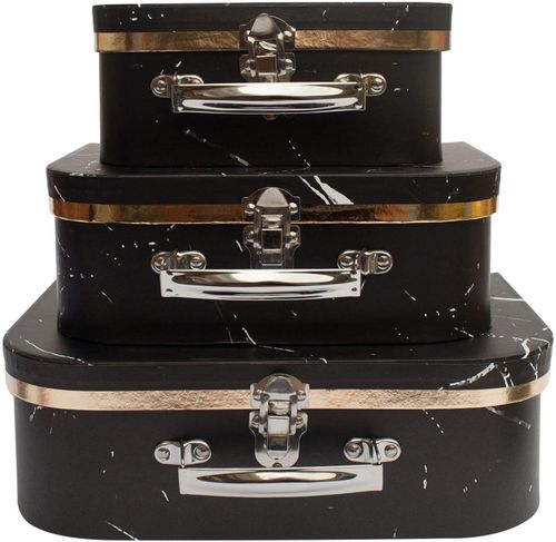 Emartbuy Set of 3 Rigid Luxury Presentation, Suitcase Gift Storage Box, Black Marble Print, White Interior with Metal Handle and Clasp