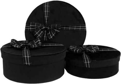 Emartbuy Set of 3 Rigid Luxury Round Shaped Presentation Velvet Gift Box, Black Gift Box with Black Interior and Striped Decorative Ribbon