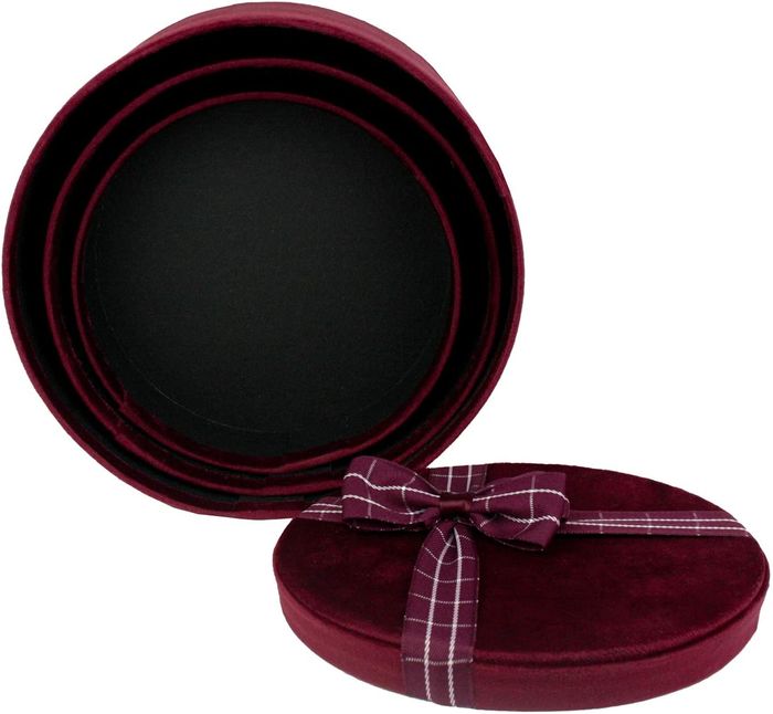 Emartbuy Set of 3 Rigid Luxury Round Shaped Presentation Velvet Gift Box, Burgundy Gift Box with Black Interior and Striped Decorative Ribbon