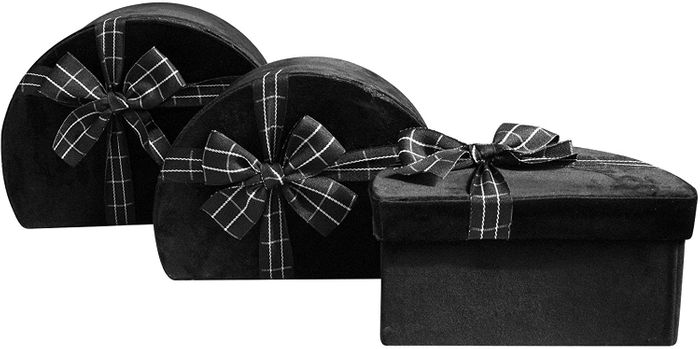 Emartbuy Set of 3 Rigid Luxury Semi Circle Shaped Presentation Velvet Gift Box, Black Gift Box with Black Interior and Striped Decorative Ribbon