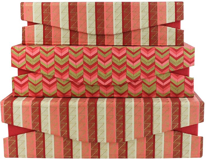 Shaped Presentation Handmade Cotton Paper Gift Box, Printed Red Pink Gold, Red Interior, Magnetic Lid