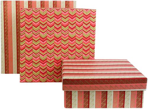 Emartbuy Set of 3 Rigid Luxury Square Shaped Presentation Handmade Cotton Paper Gift Box, Printed Red Pink Gold, Red Interior