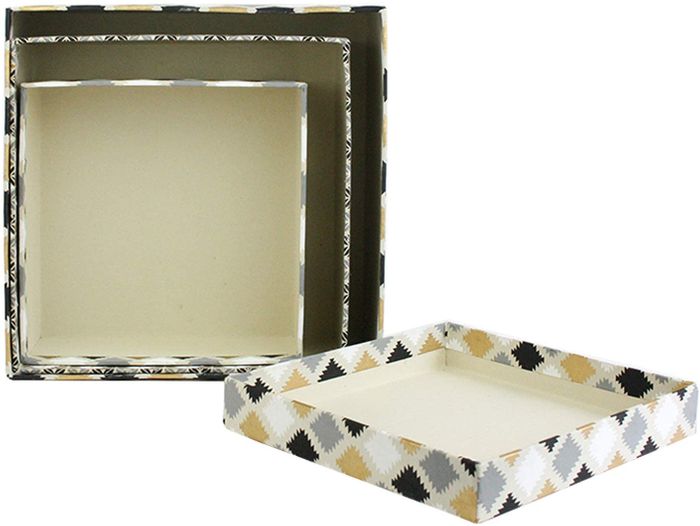 Emartbuy Set of 3 Rigid Luxury Square Shaped Presentation Handmade Cotton Paper Gift Box, Printed Black Gold White, Cream Interior