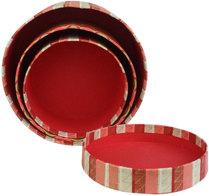Emartbuy Set of 3 Rigid Luxury Round Shaped Presentation Handmade Cotton Paper Gift Box, Printed Red Pink Gold, Red Interior