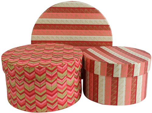 Emartbuy Set of 3 Rigid Luxury Round Shaped Presentation Handmade Cotton Paper Gift Box, Printed Red Pink Gold, Red Interior