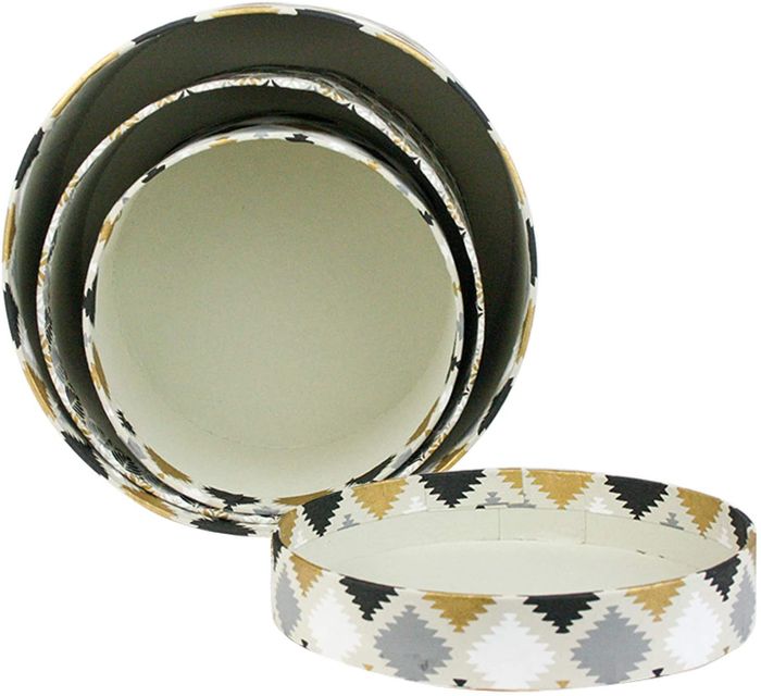 Emartbuy Set of 3 Rigid Luxury Round Shaped Presentation Handmade Cotton Paper Gift Box, Printed Black Gold White, Cream Interior