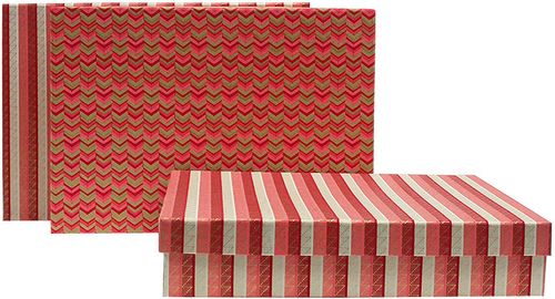 Emartbuy Set of 3 Rectangle Handmade Cotton Paper Gift Box, Printed Red Pink Gold, Red Interior