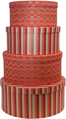 Emartbuy Set of 4 Round Handmade Cotton Paper Hat Gift Box, Printed Red Pink Gold, Red Interior