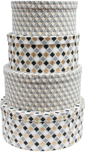 Emartbuy Set of 4 Round Handmade Cotton Paper Hat Gift Box, Printed Black Gold, Cream Interior