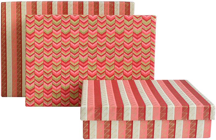 Emartbuy Set of 3 Rigid Luxury Rectangle Shaped Presentation Handmade Cotton Paper Gift Box, Printed Red Pink Gold, Red Interior