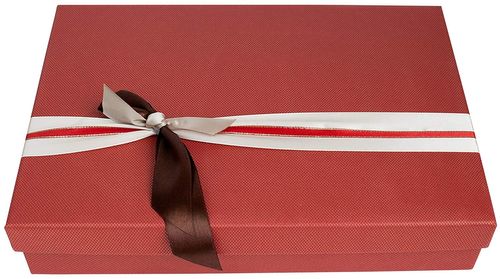 Emartbuy Rigid Luxury Rectangle Shaped Presentation Gift Box, 24.5 cm * 17 cm * 6.5 cm, Textured Red Box with Lid, Printed Interior and Red Beige Satin Decorative Ribbon