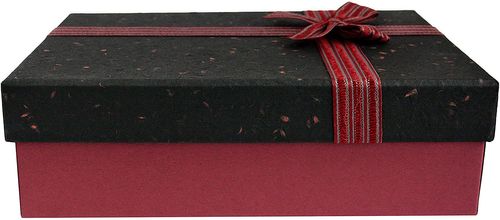 Emartbuy Rigid Gift Box, 24.5 x 17 x 6.5 cm, Textured Red Box with White Lid, Brown Interior and Red Satin Decorative Ribbon