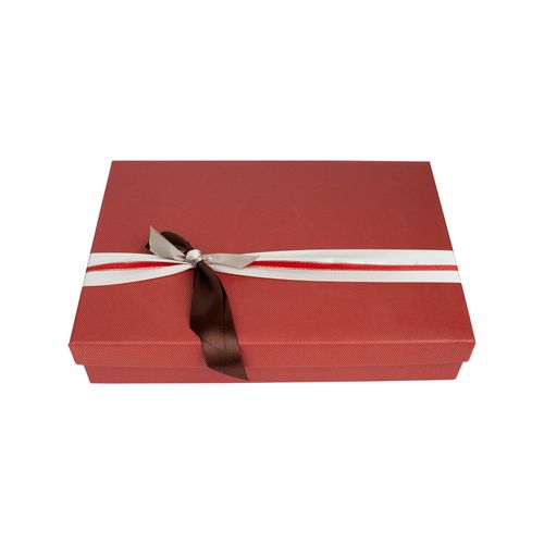 Emartbuy Rigid Gift Box, 29 x 20.5 x 6 cm, Textured Red Box with Lid and Red Beige Satin Ribbon