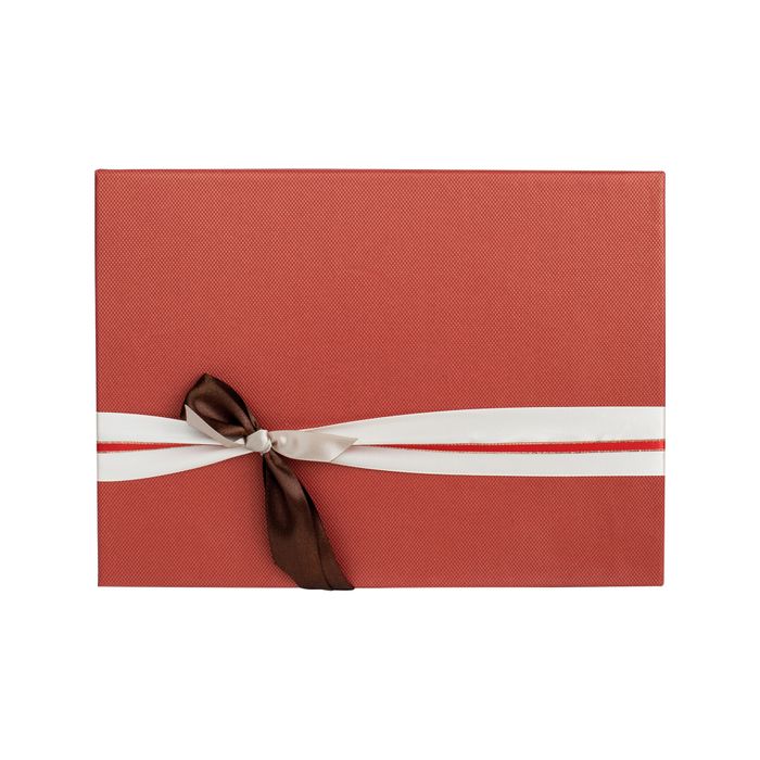 Emartbuy Rigid Gift Box, 29 x 20.5 x 6 cm, Textured Red Box with Lid and Red Beige Satin Ribbon