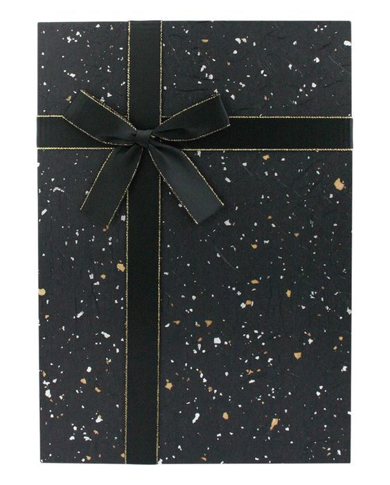 Emartbuy Rigid Gift Box, 28 x 19 x 10.8 cm, Black Box with Black and Gold Silver Lid and Gold Ribbon