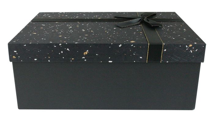 Emartbuy Rigid Gift Box, 28 x 19 x 10.8 cm, Black Box with Black and Gold Silver Lid and Gold Ribbon