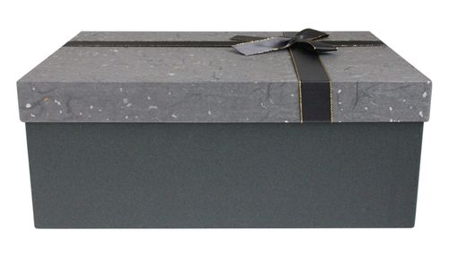 Emartbuy Gift Box, 28 cm x 19 cm x 10.8 cm, Dark Grey Box with Gold Silver Speckled Lid and Ribbon