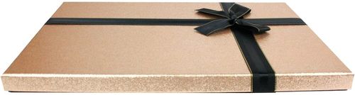 Emartbuy Rigid Single Slim Gift Box, 36 x 25 x 2.2 cm, Black Box with Gold Glitter Lid, Brown Interior and Black Decorative Ribbon