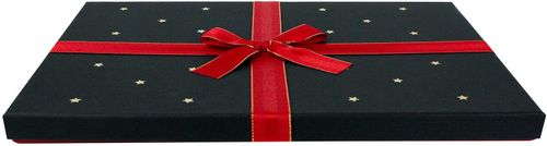 Emartbuy Rigid Single Slim Gift Box, 36 x 25 x 2.2 cm, Red Box with Black Lid with Stars, Brown Interior and Red Decorative Ribbon