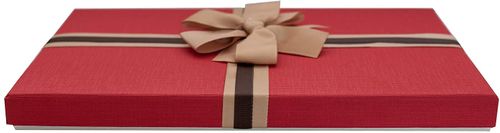 Emartbuy Rigid Rectangle Gift Box, 28 cm x 18 cm x 2.2 cm, White Box with Red Lid, Chocolate Brown Interior and Striped Decorative Bow Ribbon