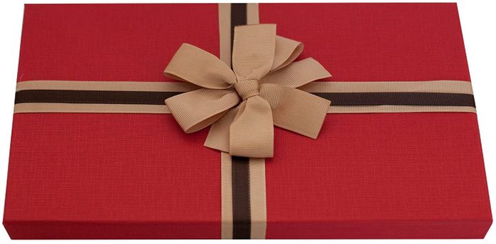 Emartbuy Rigid Rectangle Gift Box, 28 cm x 18 cm x 2.2 cm, White Box with Red Lid, Chocolate Brown Interior and Striped Decorative Bow Ribbon