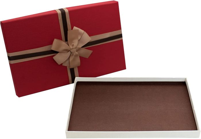 Emartbuy Rigid Rectangle Gift Box, 28 cm x 18 cm x 2.2 cm, White Box with Red Lid, Chocolate Brown Interior and Striped Decorative Bow Ribbon