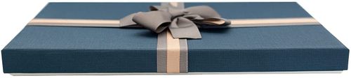 Emartbuy Set of 5 Rigid Rectangle Gift Box, 28 cm x 18 cm x 2.2 cm, White Box with Blue Lid, Chocolate Brown Interior and Striped Decorative Bow Ribbon