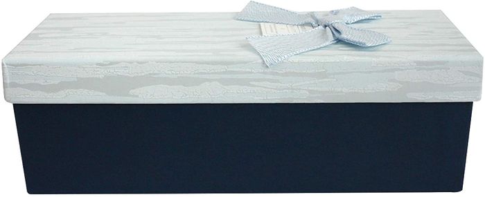Emartbuy Rigid Luxury Rectangle Presentation Gift Box, Dark Blue Box with Textured Wooden Effect Light Blue Lid, Chocolate Brown Interior and Decorative Bow