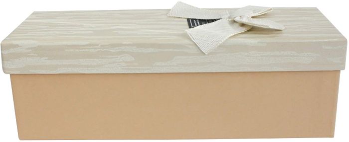 Emartbuy Rigid Luxury Rectangle Presentation Gift Box, Beige Box with Textured Wooden Effect Light Beige Lid, Chocolate Brown Interior and Decorative Bow