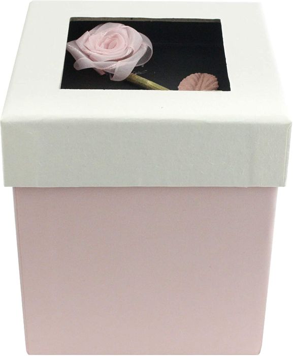 Emartbuy Rigid Luxury Square Shaped Presentation Gift Box, 11.5 x 11.5 x 9.5 cm, Pink Box with Cream Lid, Chocolate Brown Interior and with Rose Flower Decoration