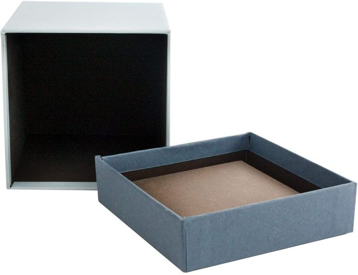 Emartbuy Rigid Luxury Square Shaped Presentation Gift Box, 11.5 x 11.5 x 9.5 cm, Grey Box with Blue Lid, Chocolate Brown Interior and with Rose Flower Decoration