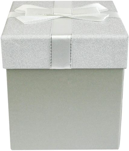 Emartbuy Gift Box, 11.5 x 11.5 x 12.7 cm, Grey Box with Silver Glitter Lid and White Ribbon