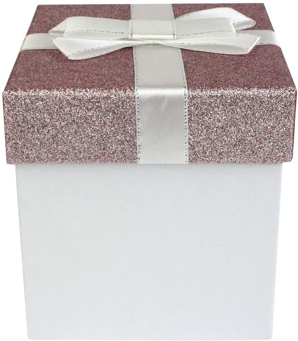 Emartbuy Rigid Luxury Square Shaped Presentation Gift Box, 11.5 x 11.5 x 12.7 cm, White Box with Pink Glitter Lid, Chocolate Brown Interior and White Decorative Ribbon