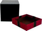 Emartbuy Rigid Luxury Square Shaped Presentation Gift Box, 11.5 x 11.5 x 12.7 cm, Black Box with Red Glitter Lid, Chocolate Brown Interior and Black Decorative Ribbon