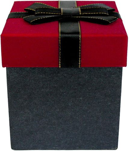 Emartbuy Rigid Luxury Square Shaped Presentation Gift Box, 11.5 x 11.5 x 12.7 cm, Black Box with Red Glitter Lid, Chocolate Brown Interior and Black Decorative Ribbon
