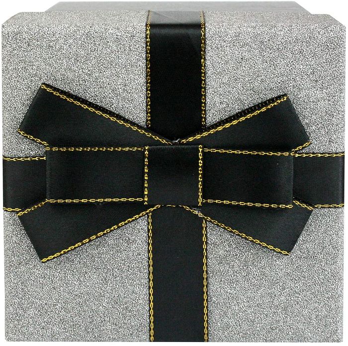 Emartbuy Gift Box, 11.5 x 11.5 x 12.7 cm, Black Box with Silver Glitter Lid and Black Ribbon