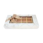 Emartbuy Rigid Luxury Rectangle Shaped Presentation 18 Compartments Truffle Chocolate Gift Box, White Marble Print, Window Lid, Removable Inner Partition and Beige Satin Bow