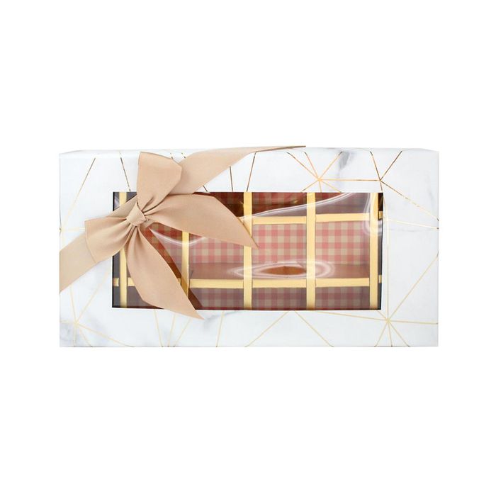 Emartbuy Rigid Luxury Rectangle Shaped Presentation 18 Compartments Truffle Chocolate Gift Box, White Marble Print, Window Lid, Removable Inner Partition and Beige Satin Bow