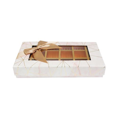 Emartbuy Rigid Luxury Rectangle Shaped Presentation 18 Compartments Truffle Chocolate Gift Box, Pink Marble Print, Window Lid, Removable Inner Partition and Beige Satin Bow