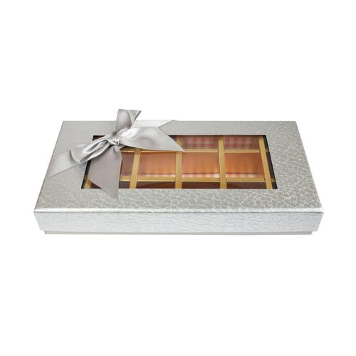 Emartbuy Rigid Luxury Rectangle Shaped Presentation 18 Compartments Truffle Chocolate Gift Box, Silver Metallic, Window Lid, Removable Inner Partition and Silver Satin Bow