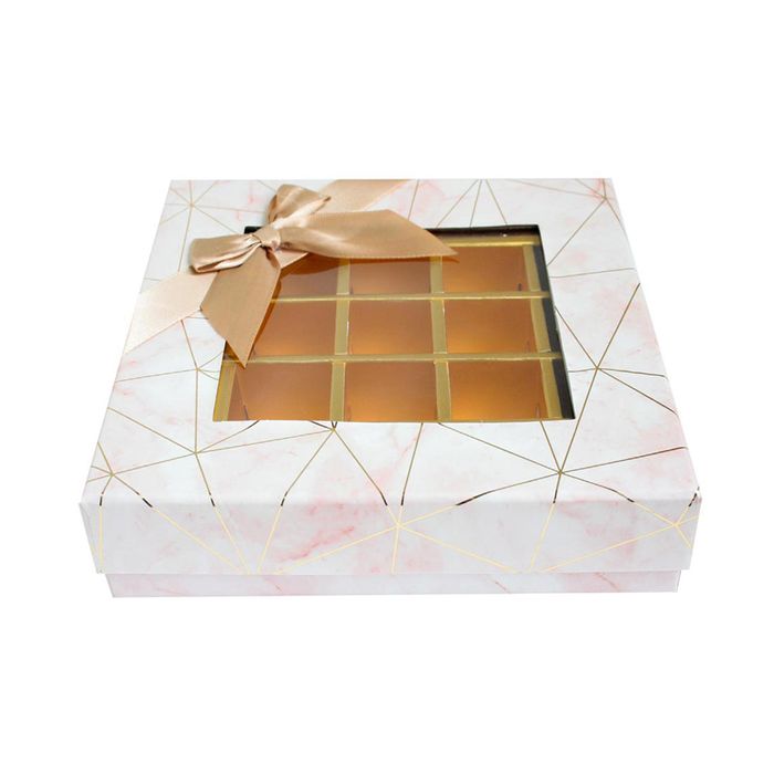 Emartbuy Rigid Luxury Square Shaped Presentation 25 Compartments Truffle Chocolate Gift Box, Pink Marble Print, Window Lid, Removable Inner Partition and Beige Satin Bow