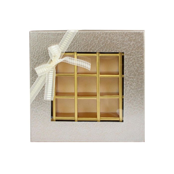 Emartbuy Rigid Luxury Square Shaped Presentation 25 Compartments Truffle Chocolate Gift Box, Gold Metallic, Window Lid, Removable Inner Partition and Beige Fabric Bow