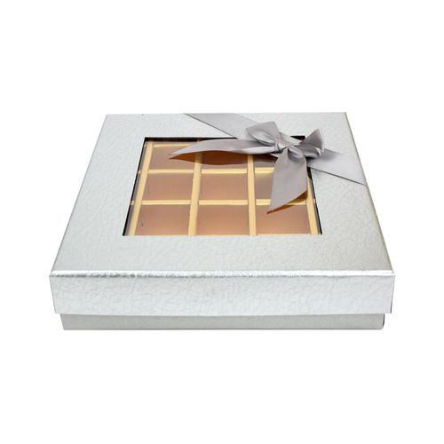 Emartbuy Rigid Luxury Rectangle Shaped Presentation 25 Compartments Truffle Chocolate Gift Box, Silver Metallic, Window Lid, Removable Inner Partition and Silver Satin Bow