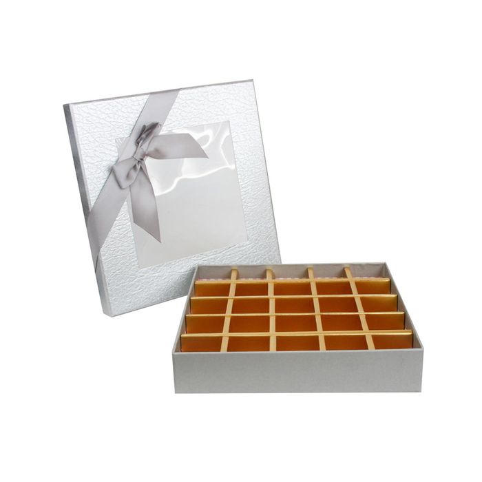 Emartbuy Rigid Luxury Rectangle Shaped Presentation 25 Compartments Truffle Chocolate Gift Box, Silver Metallic, Window Lid, Removable Inner Partition and Silver Satin Bow