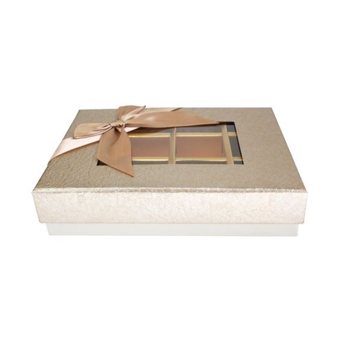 Emartbuy Rigid Luxury Rectangle Shaped Presentation 12 Compartments Truffle Chocolate Gift Box, Gold Metallic, Window Lid, Removable Inner Partition and Beige Satin Bow