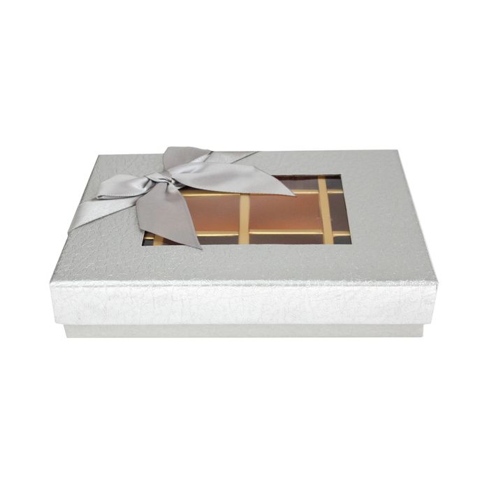 Emartbuy Rigid Luxury Rectangle Shaped Presentation 12 Compartments Truffle Chocolate Gift Box, Silver Metallic, Window Lid, Removable Inner Partition and Silver Satin Bow