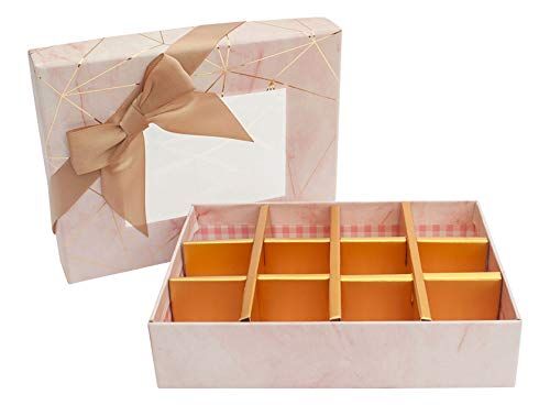 Emartbuy Rigid Luxury Rectangle Shaped Presentation Truffle Chocolate Gift Box, Pink Marble Print, Window Lid, Removable Inner Partition and Beige Satin Bow