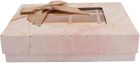 Emartbuy Rigid Luxury Rectangle Shaped Presentation Truffle Chocolate Gift Box, Pink Marble Print, Window Lid, Removable Inner Partition and Beige Satin Bow